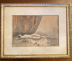 Vintage Nude Naked Pencil Drawing Woman lying on bed by Drapes Curtains