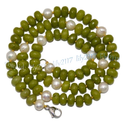 Collar de perlas blancas de 7-8 mm con cuentas de piedras preciosas rondelle de peridoto verde facetado de 5x8 mm Foto 1 de 4