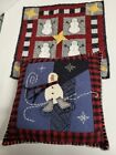 Vintage Handmade Embroidered Beaded Flannel Snowman Pillow And Tapestry Linen