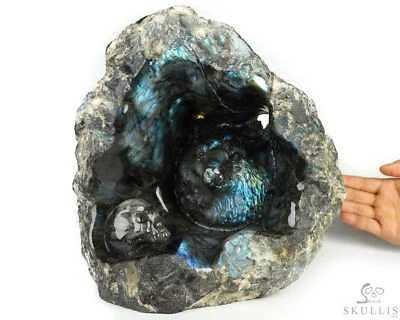 Escultura de bellas artes de lobo y calavera de cristal tallada a mano de labradorita de 9,6" Foto 1 de 4