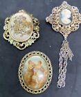 Vintage Brooch Necklace Gold Tone Cameo Cupids Tassel Rhinestones Lot Of 3