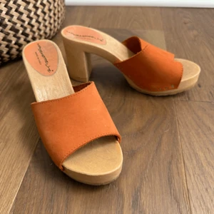 Italy Mademoiselle Sugar Block Heel Open Toe Mules Orange Leather 7 - Picture 1 of 10
