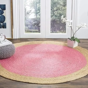 Pink With Beige Rug Round Hand Braided Farmhouse Floor Carpet For Living Room - Picture 1 of 3