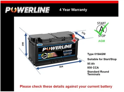 AGM Car Battery 019AGM Powerline 019 850A 95Ah 4Yr WTY 354x175x190 Start Stop - Image 1 of 4