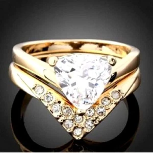 Anello Doppio Per Impegno, Matrimonio, Oro Placcato Con Zircone - Picture 1 of 1