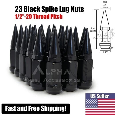 23 Black 1/2x20 Spike Lug Nuts Bulge Acorn For Jeep Wrangler JK TJ YJ  1/2"-20 - Image 1 of 4
