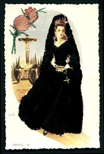 Spanish 1950 EMBROIDERED Señora Mourning IN BLACK Novelty KITSCH ~ VASTA Archive - Picture 1 of 1