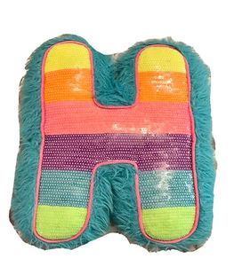 Justice Flip Sequin Fuzzy Rainbow Initial H Pillow - Picture 1 of 2