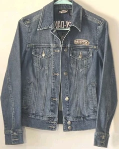 HARLEY DAVIDSON Jean Jacket Womens Small Blue Embroidered Logo Spell Out Studded - Picture 1 of 11