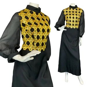 VTG 60S 70S BLACK GOLD MESH BALLOON SLEEVE GEOMETRIC PARTY EVENING MAXI DRESS 14 - Picture 1 of 11