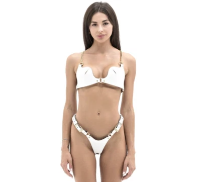 Juego completo de lencería de cuero genuino Freyja. Blanco Foto 1 de 3