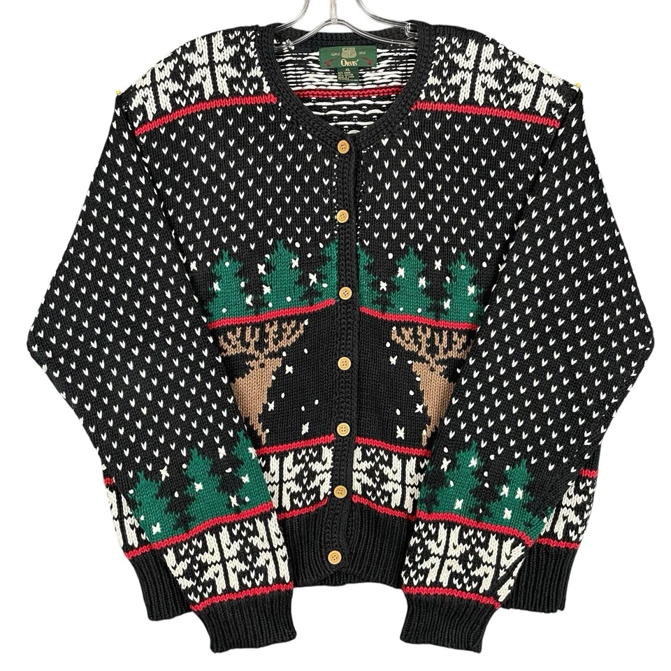 Cardigã Orvis Chunky Holiday suéter feminino XL Natal alce ramie mistura pesado - Imagem 1 de 4