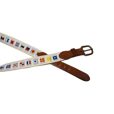 Leather Man Size 46 Belt Nautical Flags Tan Woven Made Essex CT USA Brass Buckle - Image 1 of 4