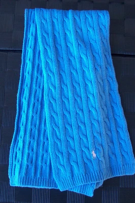 Ralph Lauren Bufanda Tejida con Cable Azul Medio con Logo de Poni Rosa ~ Algodón/Lana/Nylon Foto 1 de 3