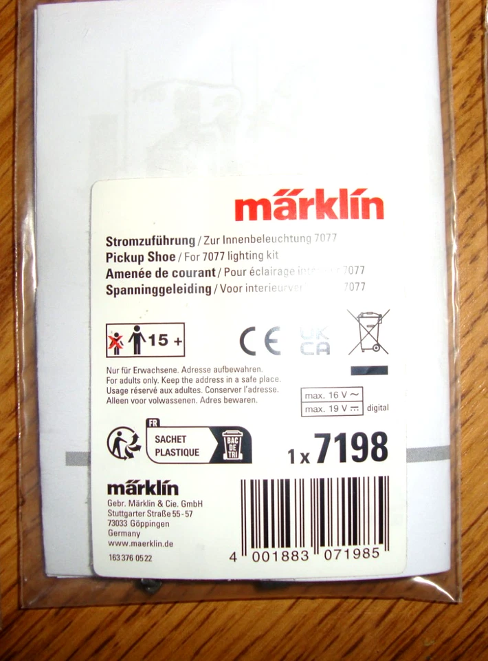 KIT DE ZAPATOS PICK-UP MARKLIN HO 7198 PARA ILUMINACIÓN INTERIOR 7077 NUEVO Foto 1 de 1