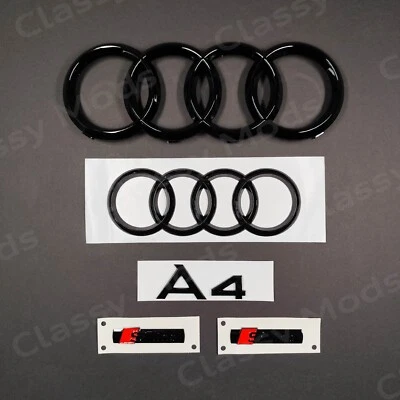 Audi A4 S-Line Front & Rear Rings Emblem Badge SET Gloss Black - Image 1 of 4