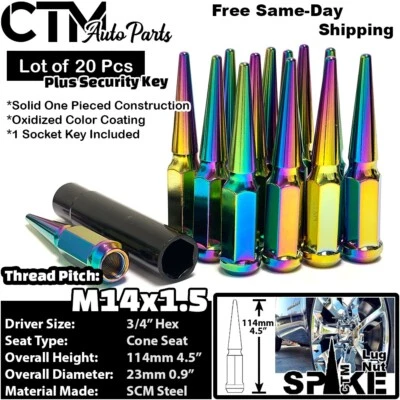 20x 4.5" Tall 14x1.5 Neo Chrome Spike Lug Nut + Security Key Fit Honda Acura - Image 1 of 4