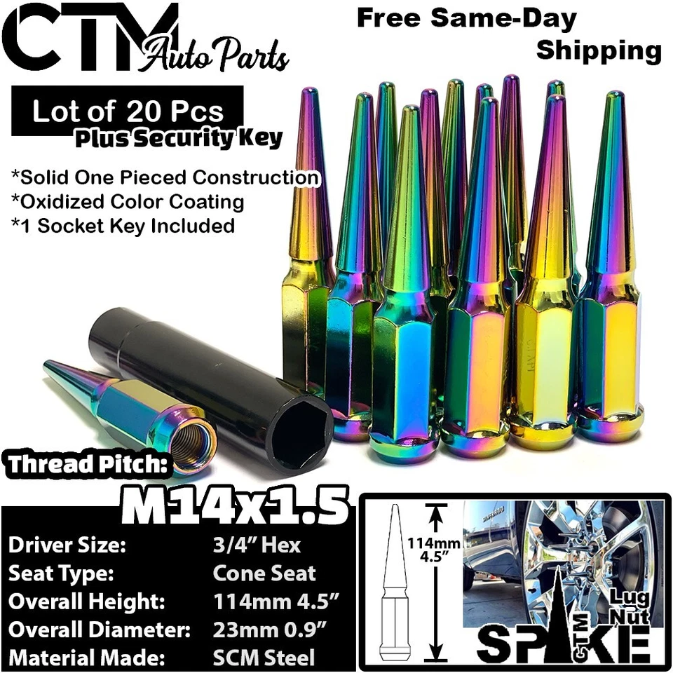 20x 4.5" Alto 14x1.5 Neo Cromo Pico Tuerca + Llave de Seguridad Ajuste Honda Acura Foto 1 de 4