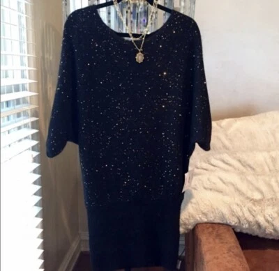 Vestido Suéter Vintage Rachel Roy Negro Lentejuelas Tejido Metálico Ala de Murciélago XS Foto 1 de 4