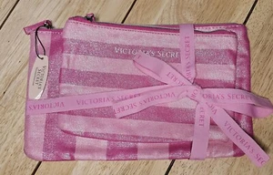 NWT Victoria's Secret Pink Metallic Striped 2 Piece Travel Makeup Bag Set - Picture 1 of 8