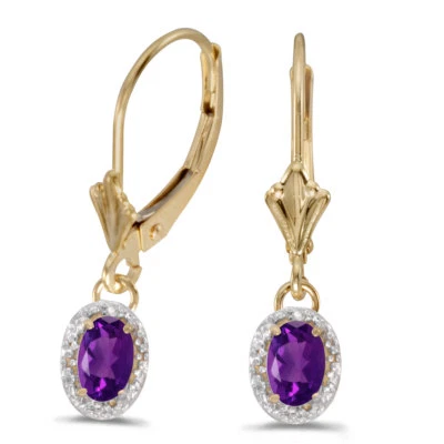 10k Yellow Gold Oval Amethyst And Diamond Leverback Earrings - Image 1 of 3