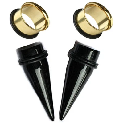 Pair of Steel Single Flare Tunnels Black Acrylic Tapers Stretching E557 - Image 1 of 2