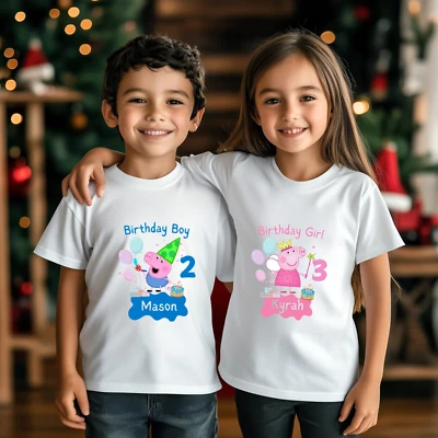 ALEXANDRASHANDMADEGB Peppa Pig Personalised Blue or Pink Design White printed Crewneck T-shirt #00262