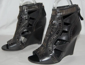 40/10❤️Sergio Rossi Black Leather High Wedge Heels Gladiator Sandals BOOTS ITALY - Picture 1 of 11