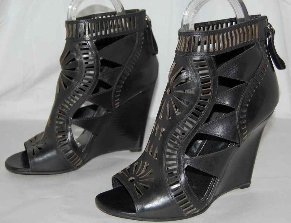 40/10❤️Sergio Rossi Sandalias Gladiador Tacones Altos Cuero Negro BOTAS ITALIA Foto 1 de 4