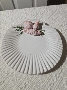 Portugal Scallop Shell Plate 8.5” Red Clay White w/ Pink Shells - Picture 1 of 5