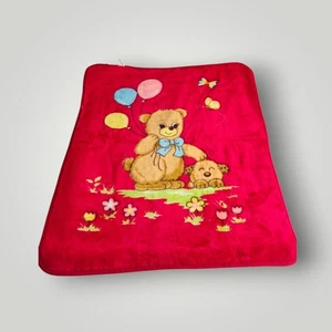 VTG Baby Blanket Teddy Bear Balloons Puppy Butterfly Mink Plush RED - Picture 1 of 9