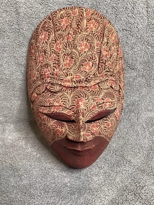 Vintage handgeschnitzte indonesische Batik Holz Stoff Maske Bali Kultur Wanddeko - Bild 1 von 12