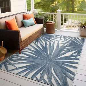 Rugshop Out Door Rugs Tropical Leaves Reversible Indoor Outdoor Rug Blue Rug 5x7 - Picture 1 of 10