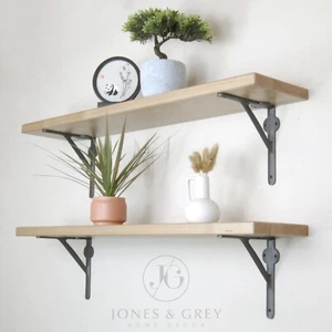 RUSTIC SOLID WOOD WALL BOOK SHELF SHELVES WITH WOODEN / METAL BRACKETS LIGHT OAK - Picture 1 of 38