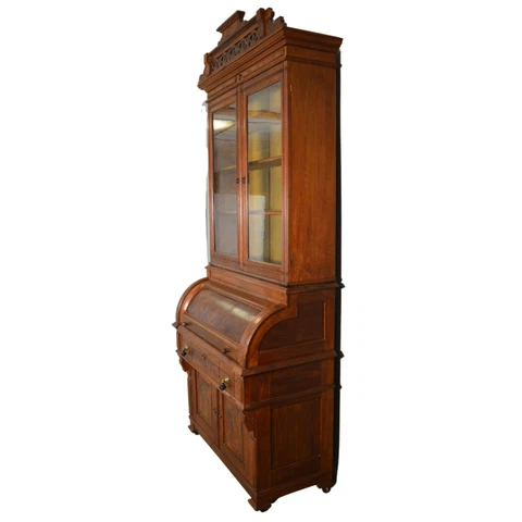 Antique Cylinder Secretary Desk, Victorian Burl Walnut Secretary Bookcase #21480 Cover