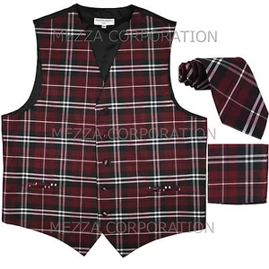 New Vesuvio Napoli Men's plaid Tuxedo Vest_Necktie & Hankie set Burgundy formal - Picture 1 of 4