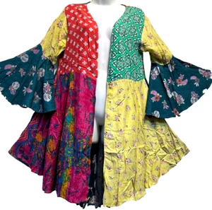 Nwt SACRED THREADS boho patch floral hippie flared rayon TOP CARDIGAN JACKET L - Picture 1 of 5