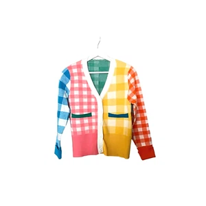 Burryco Womens Cardigan Sweater Womens Medium Check Green Blue Orange Yellow - Picture 1 of 6