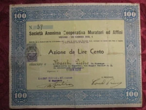 AZIONE N.37, SOCIETA' COOPERATIVA MURATORI ED AFFINI VIGEVANO, 1939 LIRE 100 - Photo 1/1
