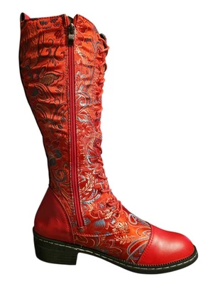 Botas rojas bordadas patrón brocado floral cremallera cordones mujer 8 barrocas boho Foto 1 de 4