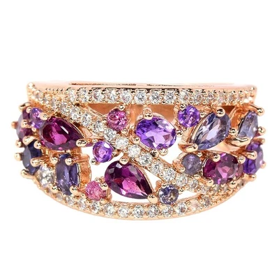 ANEL DE PRATA ESTERLINA 925 NATURAL AAA AMETISTA RODOLITA IOLITA & CZ TAMANHO 8 - Imagem 1 de 4