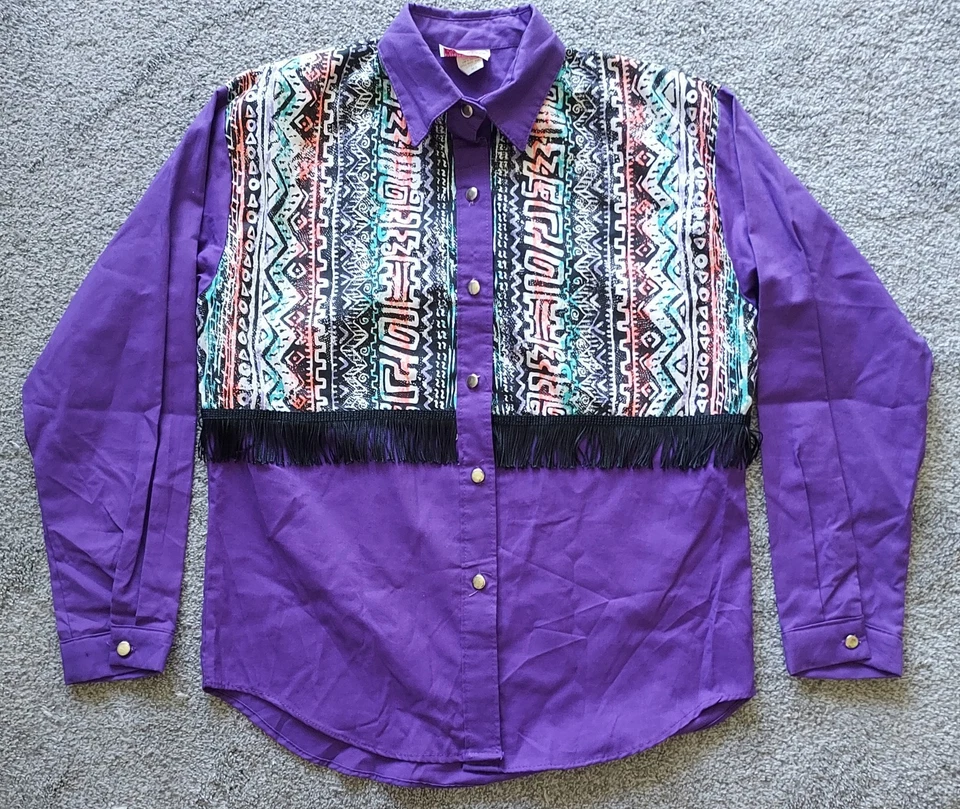 Camisa Western Vintage Wagon Wheels Mujer Estampado Neón Flecos Púrpura Grande Mediana Foto 1 de 4