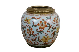 United Wilson Porcelain Brass Chinoiserie Floral Ginger Jar Urn Planter CachePot - Picture 1 of 11