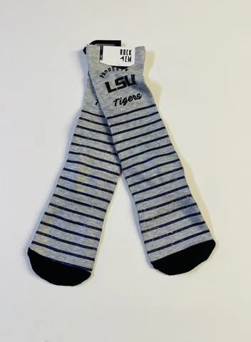 LSU Tigers Socks Crew Length Large Size Mens 10-13 Shoe NEW Gray Property Of Cover