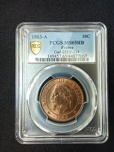 10 Centimes 1863 A Napoleon III Laureate Head; PCGS: MS 65 - Picture 1 of 2