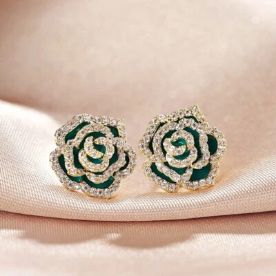 18K Yellow Gold Filled Made With SWAROVSKI Crystal 12mm 3D Rose Stud Earrings - Image 1 of 4