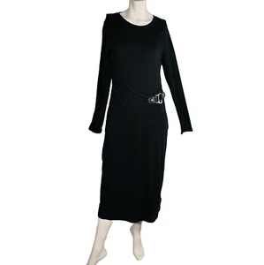 Lauren Ralph Lauren Womens Dress L Long Sleeve Black Midi Buckle Trim Stretch - Picture 1 of 16