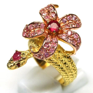 Anillo De Joyería De Rubí Rojo Y Zafiro Rosa 925 Plata 18K Oro Talla 8 - Imagen 1 de 4