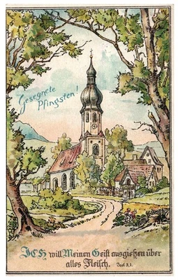 Vintage Postcard Blessed Pentecost Church Scene German Bible Verse 1910s - Image 1 of 2