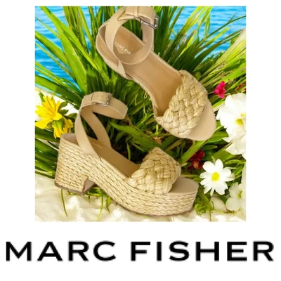 NEW Marc Fisher Steel Sz 9 Natural Raffia Platform Chunky Sandals Beachy NWOB - Image 1 of 4